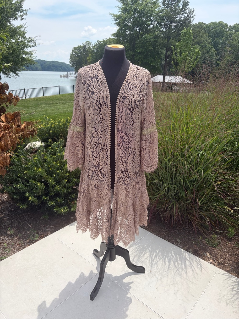 Angel Heart Boutique Taupe Lace Duster Cardigan Boho Festival Kimono Medium - Picture 1 of 5